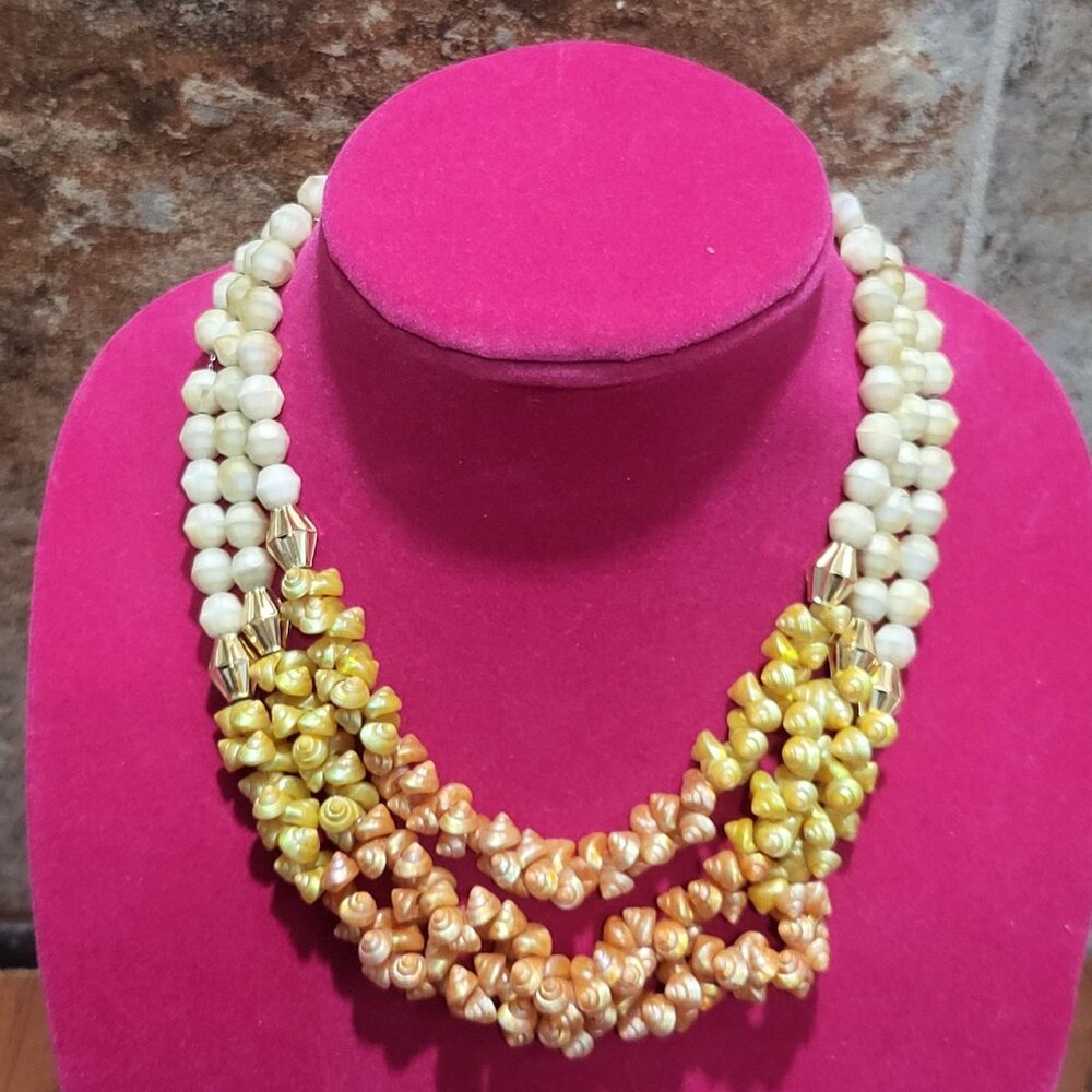 Vintage Multi Strand Bead Shell Necklace White Beads Yellow Orange Shells Gold